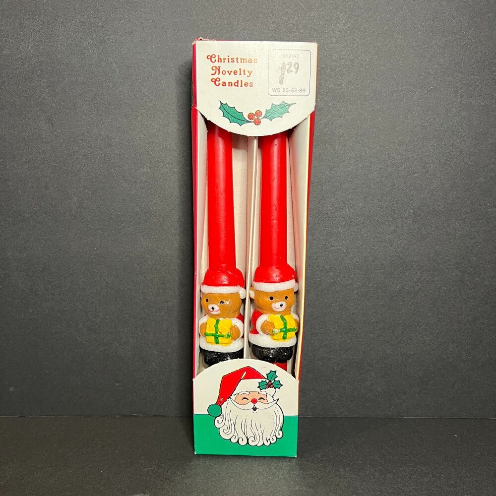 Vintage 1989 YDC Set of 2 Red Christmas Seasonal Novelty Bear 10" Taper Candles